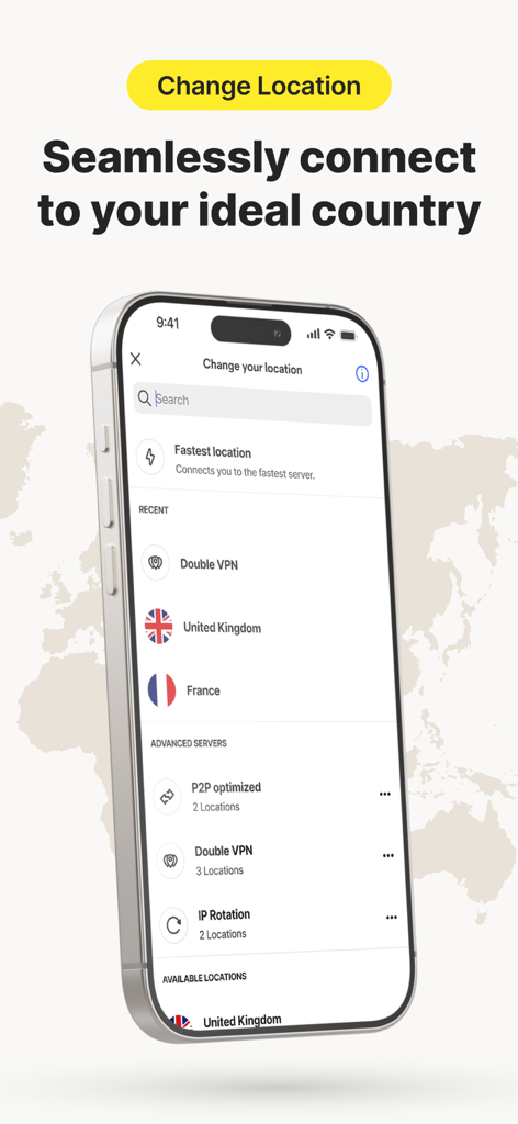 Norton VPN app interface showing a list of global server locations and advanced security options like Double VPN and IP Rotation