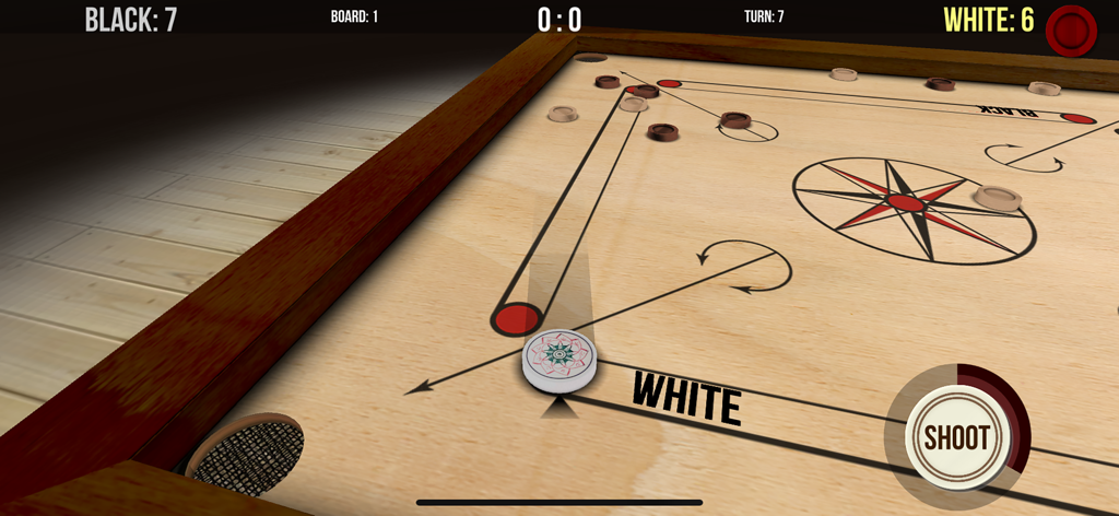 A close up 3D view of a carrom board featuring a white striker and physics guide lines