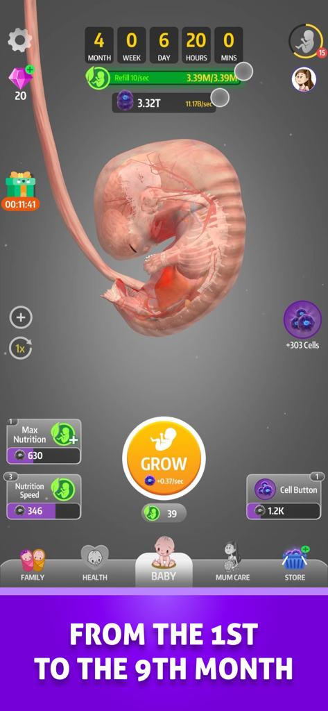 Gameplay screen of Idle 9 Months showing a 3D fetus at four months of development.