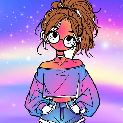 girl with a messy ponytail glasses a baggy crop top and jean shorts