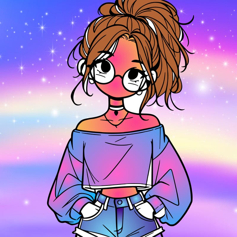 girl with a messy ponytail glasses a baggy crop top and jean shorts