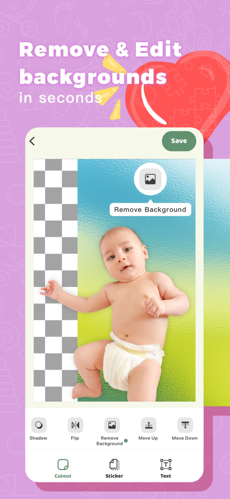 Baby AI Photo Editor LittleCam - Interface do aplicativo LittleCam mostrando o recurso de remoção de fundo por IA para fotos de bebês