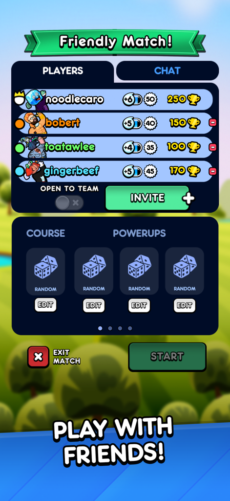 Lobby di gioco di Golf Blitz per una partita amichevole con giocatori e impostazioni.