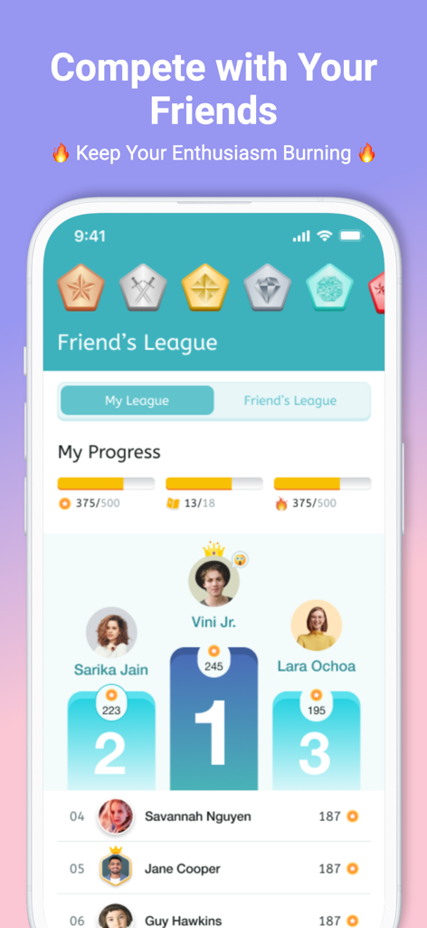 Tabla de clasificación de la Liga de Amigos de la aplicación Taleek que muestra las clasificaciones de los usuarios y el progreso del aprendizaje de idiomas.