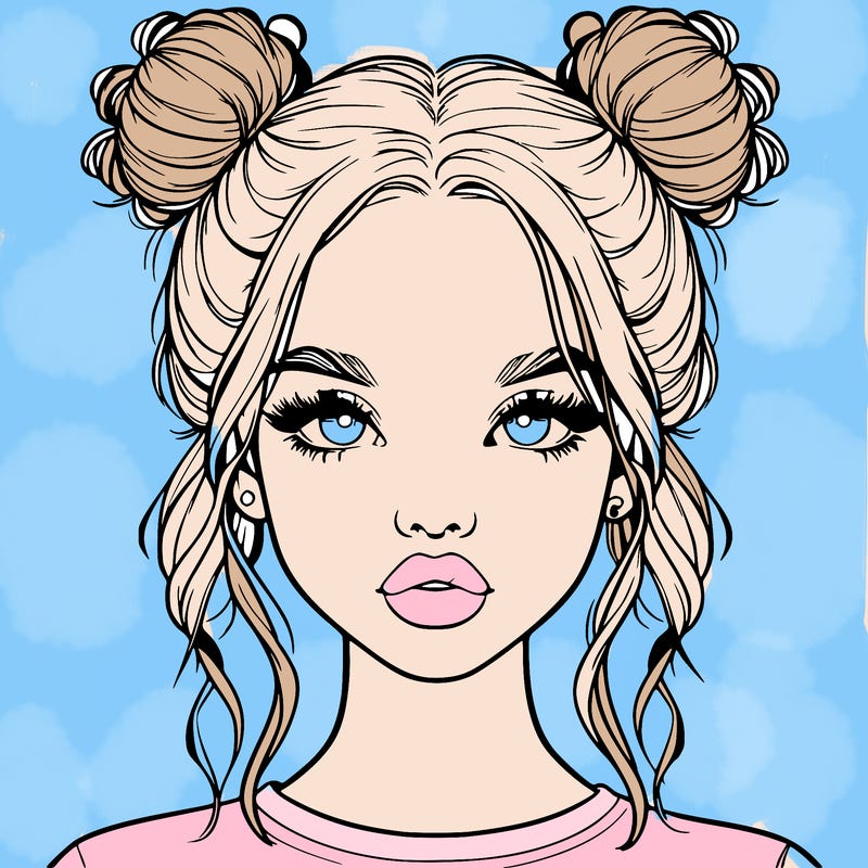 realistic girl with two buns in hair and lips
