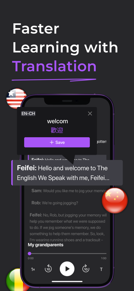Fluent by Audio & Podcast - Mobile app interface showing an English podcast transcript with an instant word translation pop up for vocabulary building