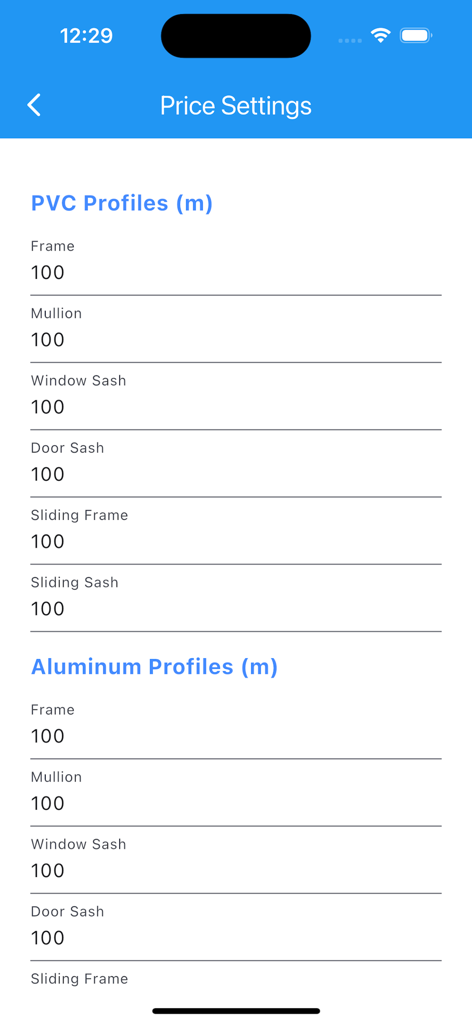 DoorWin PVC uPVC Aluminium - Pantalla de configuración de precios para materiales de perfiles de ventanas y puertas de PVC y aluminio