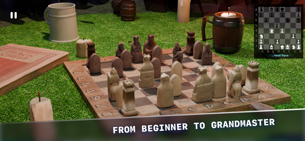 Magic Chess 3D gameplay with fantasy carved pieces on a wooden board outdoors