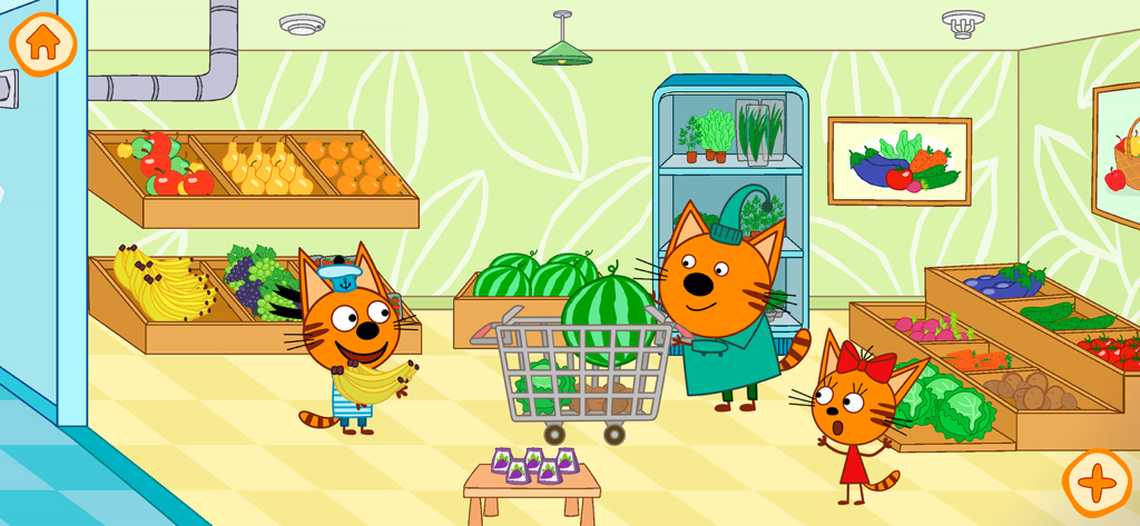 Kid-E-Cats: Shopping Centre - Three orange cartoon cats picking out fresh fruits and vegetables in a grocery store