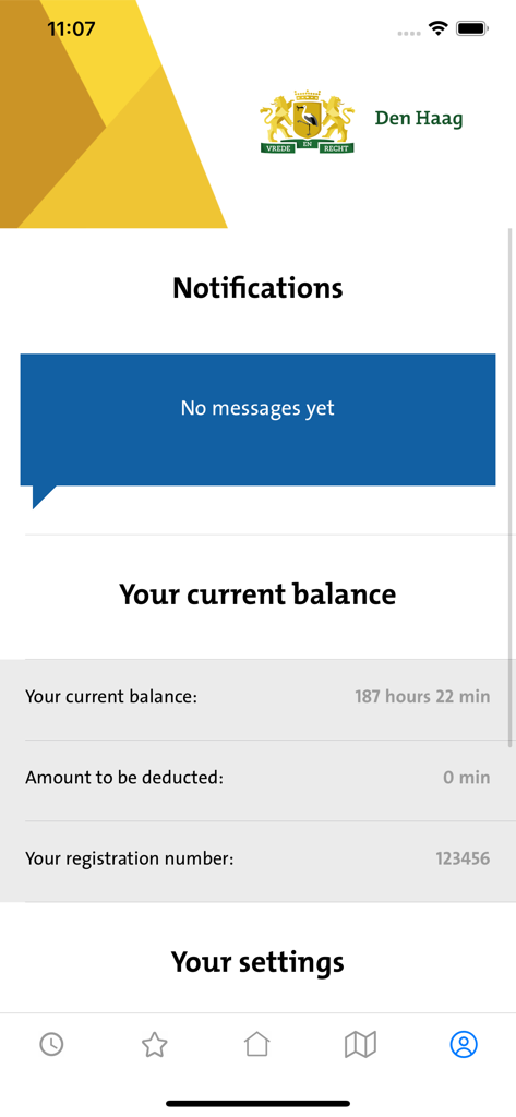 Parkeren Den Haag - Parkeren Den Haag app dashboard showing parking hour balance and notifications
