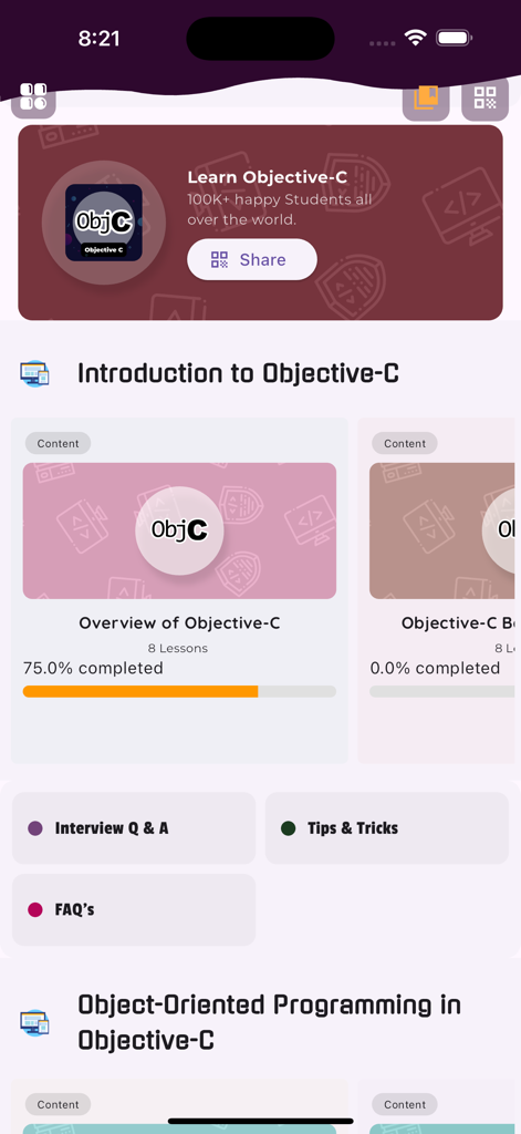Learn Objective C Programming - Mobile App-Oberfläche zum Erlernen von Objective-C mit Kursfortschrittsverfolgung und Interviewfragen