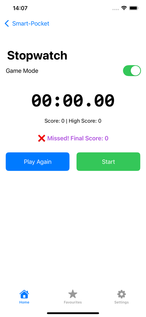 Smart-Pocket - Pantalla del cronómetro de la aplicación Smart-Pocket con modo de juego y funcionalidad de puntuación.