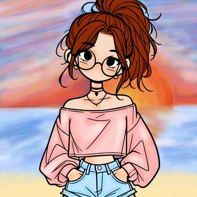 girl with a messy ponytail glasses a baggy crop top and jean shorts