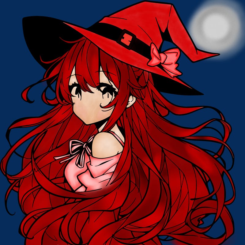 an anime girl with flowing hair, witch hat and witch