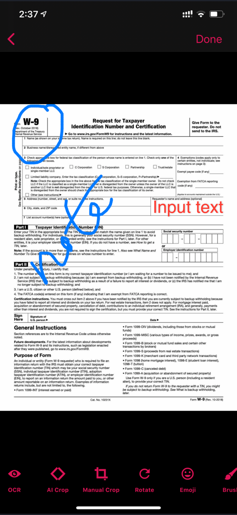 PDF Scanner Pro ⊟ - Professionnel modifiant un formulaire fiscal W-9 à l'aide de l'application mobile Scanner PDF Pro