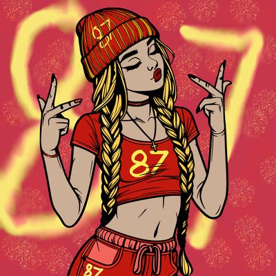 realistic teenage girl with braids and a beanie and crop top doing 🫶🏼
