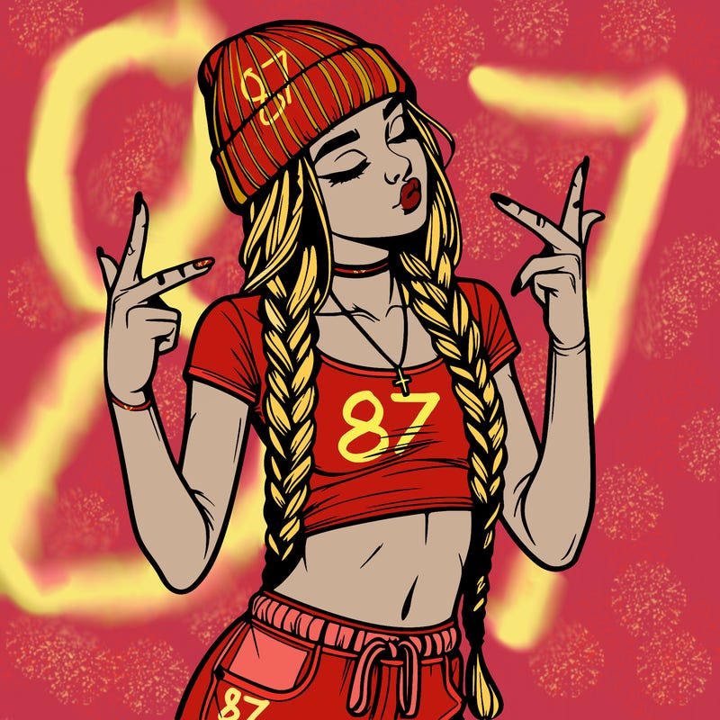 realistic teenage girl with braids and a beanie and crop top doing 🫶🏼