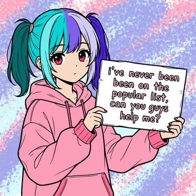 a cute anime girl with a sign saying  i’ve never been on the popular list, can you guys help me?