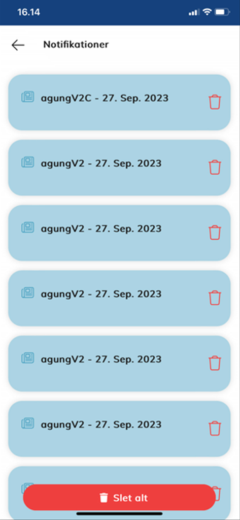 Klubmodul - L'interface du centre de notifications de l'application Klubmodul affichant une liste d'alertes récentes et un bouton 'supprimer tout'
