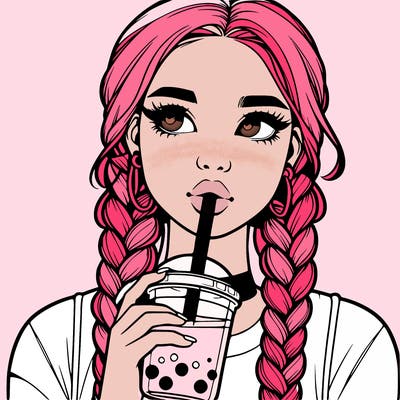 realistic girl with braided hair drinking boba