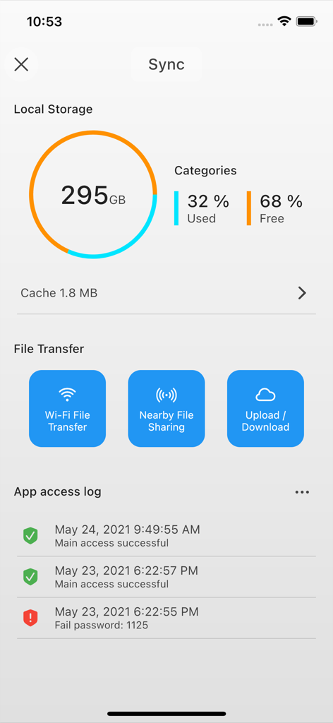 AirDisk: File Manager - AirDisk Pro app dashboard displaying local storage usage, wireless file transfer options, and security access logs