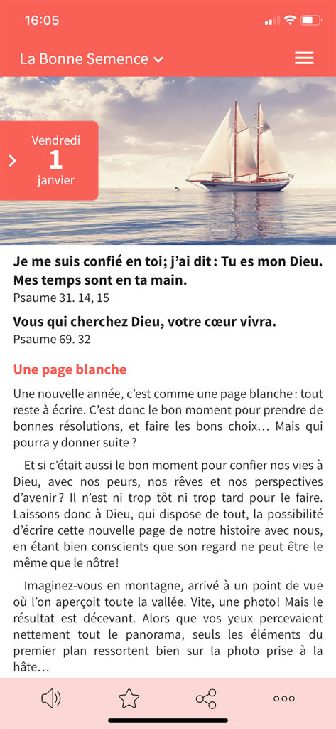 La Bonne Semence - A daily Christian devotional message in French featuring Bible verses and a sailboat background on the La Bonne Semence app.