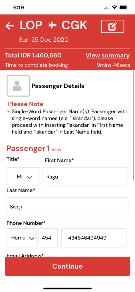 Thai Lion Air app screen for entering passenger details during flight booking