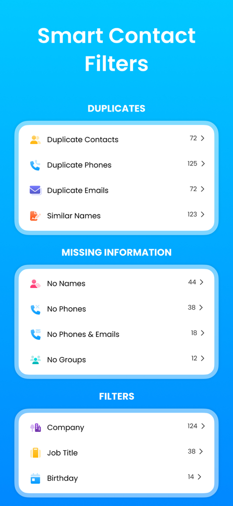 Smart contact filters in MCBackup app showing duplicates and missing information categories