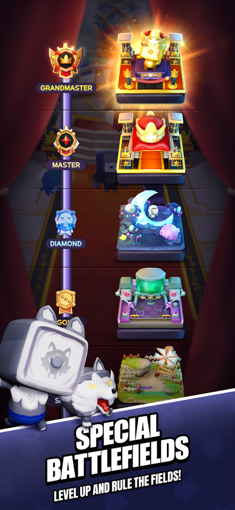 Una vetrina di diversi campi di battaglia a tema e la progressione dei ranghi competitivi da Oro a Grandmaster in Random Dice RollRoll.