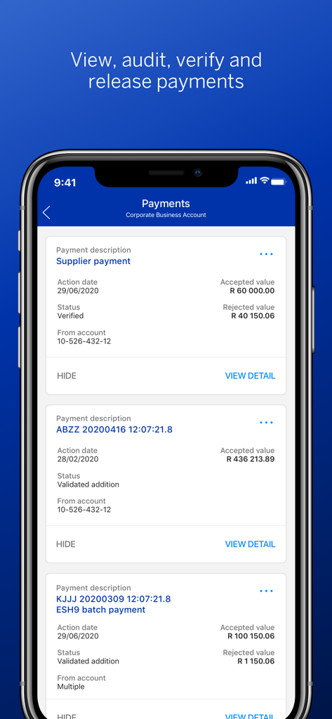 Écran de smartphone montrant une liste de paiements de compte d'entreprise dans l'application Business Online SA avec des options pour auditer et vérifier les transactions.