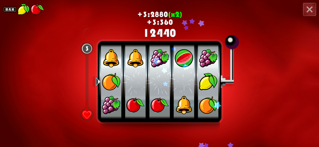 Frutakia 2 (4K) - Frutakia 2 gameplay screen featuring fruit matching reels and a slot machine lever.