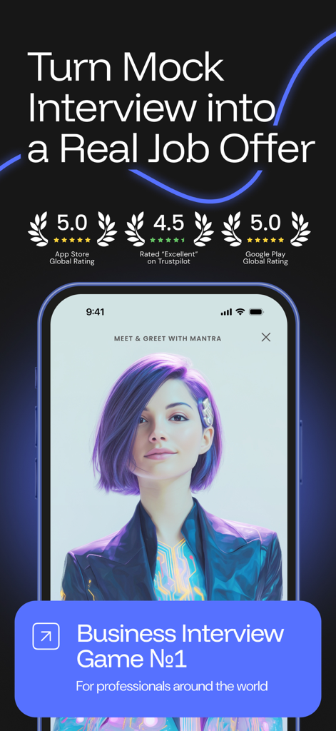 Una pantalla de smartphone que muestra un personaje de IA para una entrevista simulada en la aplicación Duos bajo el titular 'convierte una entrevista simulada en una oferta de trabajo real'