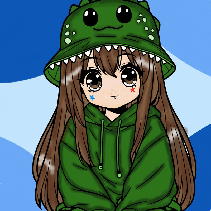 girl with anime shaped eyes with a dinosaur bucket hat oversized sweatshirt long straight hair