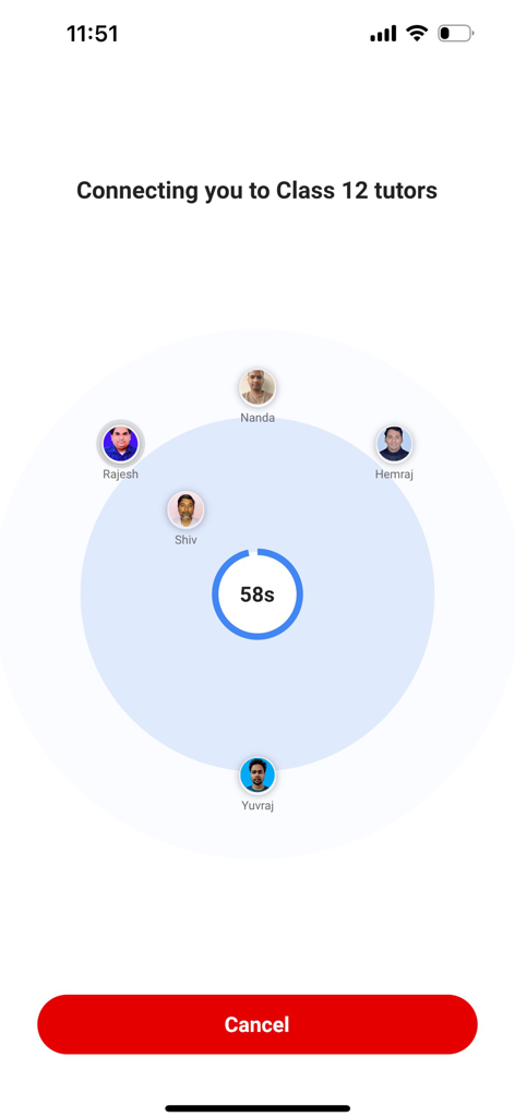 Filo: Homework & Exam Help - Filo app screen showing the process of connecting a student to class 12 tutors within a 60-second countdown