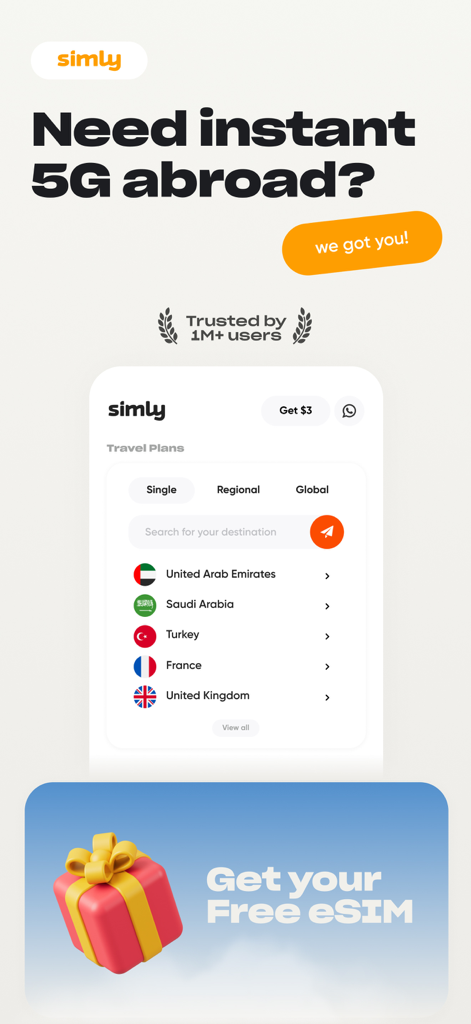 Simly app interface showing 5G eSIM plans for international travel destinations