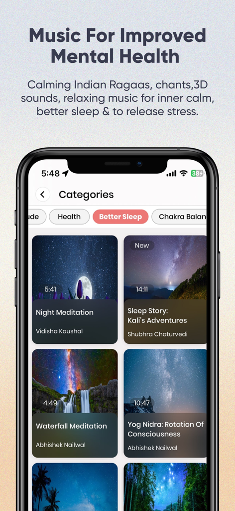 ThinkRight: Meditation & Sleep - ThinkRight app screen showing various meditation music and sleep story categories