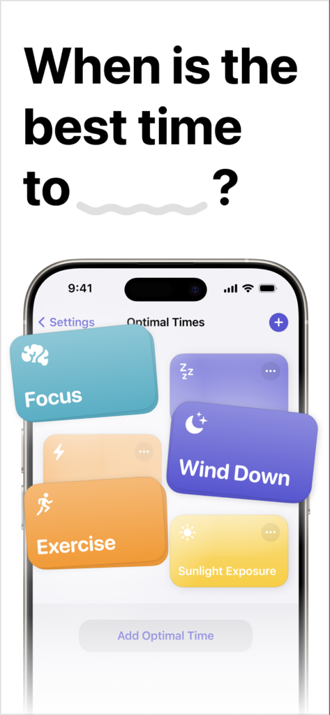 Peaks: Sleep & Energy - Interfaz de la aplicación Peaks que muestra los momentos óptimos para el enfoque, el ejercicio y la relajación en función de los niveles de energía biológica.