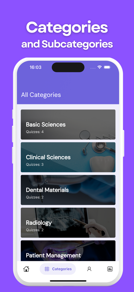 Dental Mastery app interface displaying study categories for INBDE and NBDE dental board exam preparation.