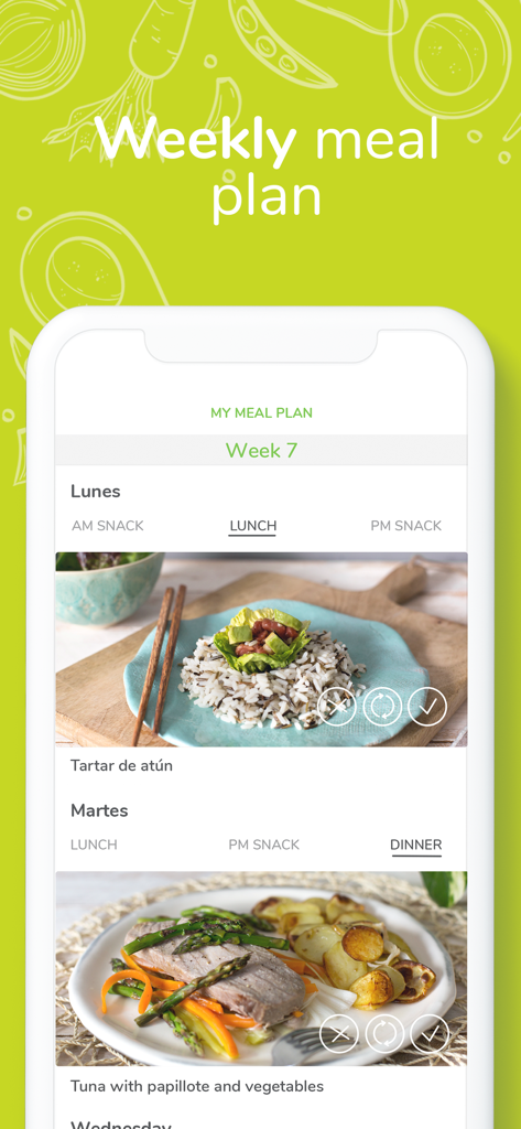 Nootric app interface showing a weekly meal plan with healthy recipes