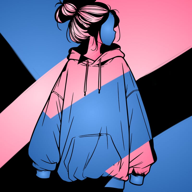 realistic girl with a oversized sweatshirt on and a bun