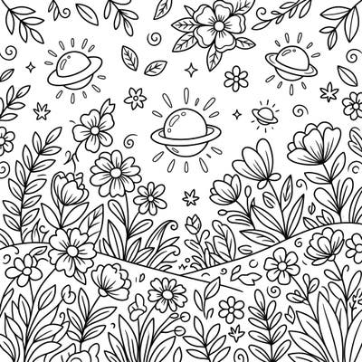 Discover a charming spring scene where vibrant flowers meet mysterious extraterrestrial visitors. This unique coloring page offers a delightful blend of nature and sci-fi, perfect for imaginative coloring.
