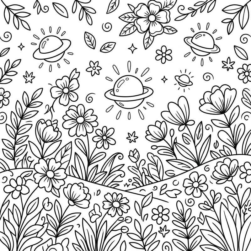 Discover a charming spring scene where vibrant flowers meet mysterious extraterrestrial visitors. This unique coloring page offers a delightful blend of nature and sci-fi, perfect for imaginative coloring.