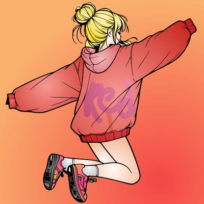 realistic girl jumping with a bun and oversized sweatshirt