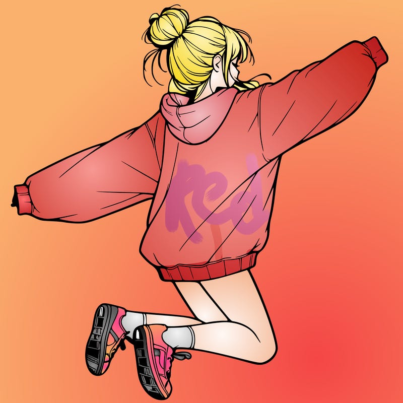 realistic girl jumping with a bun and oversized sweatshirt