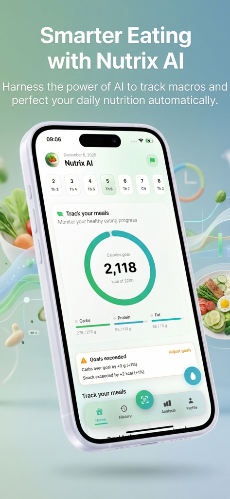 Nutrix AI: Calories Tracker - Panel del rastreador de calorías de Nutrix AI mostrando el progreso diario de calorías y macros