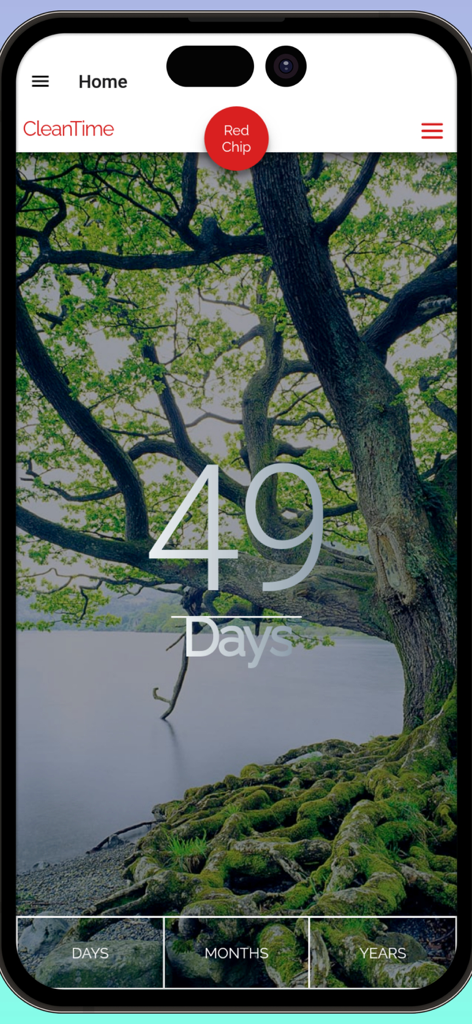 Sober Counter Tracker app home screen showing 49 days of sobriety with a nature background