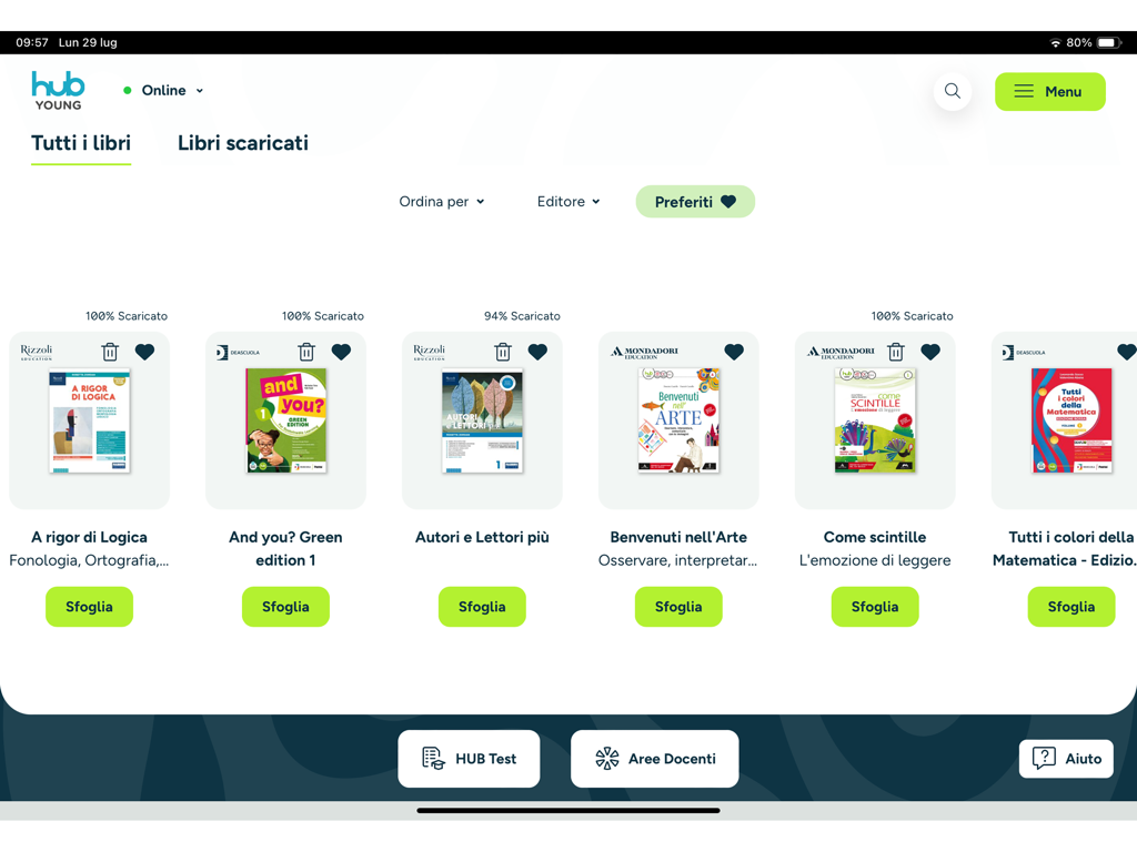 HUB Young - A digital library in the HUB Young app displaying a variety of Italian textbooks.
