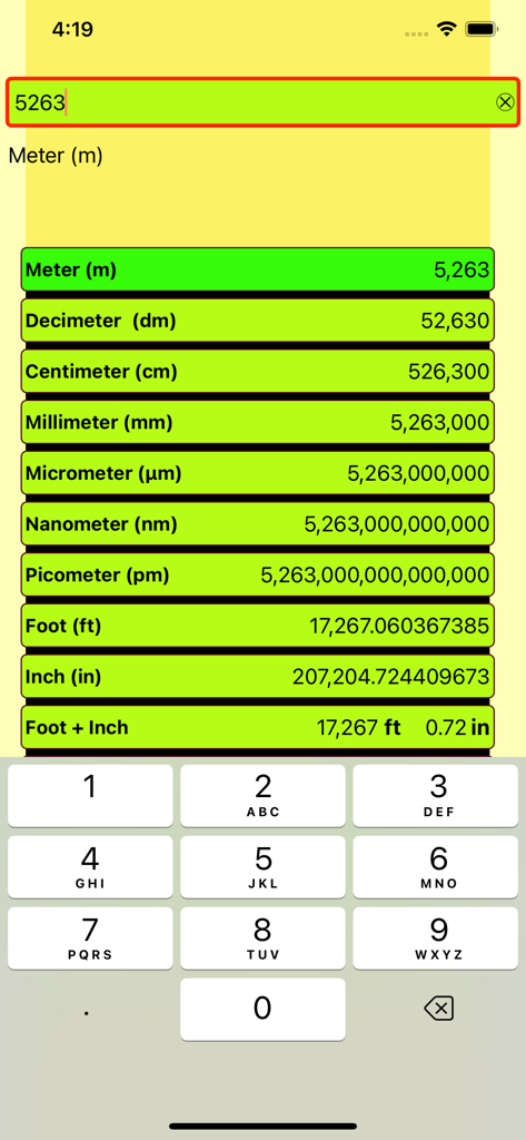 Length Conversion - Mobile App-Oberfläche, die die Umrechnung von Metern in mehrere Einheiten, einschließlich metrischer und Fuß + Zoll-Maße, zeigt
