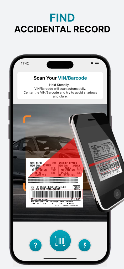 スマートフォンのアプリが車のVINバーコードをスキャンして事故履歴レコードを見つける