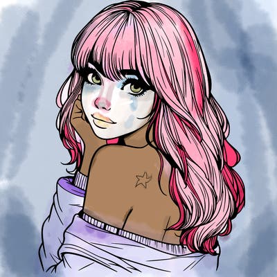 realistic girl with bangs looking over her shoulder